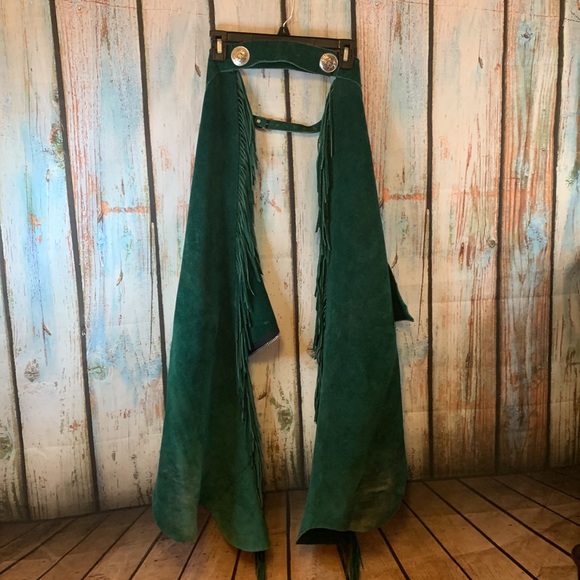 🚫SOLD🚫Whitman Hunter Green Suede Leather Chaps with Fringe Made in USA - Picture 1 of 9
